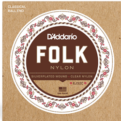 D'Addario EJ32C Folk Nylon Guitar Strings, Ball End, Silver Wound/Clear Nylon Trebles